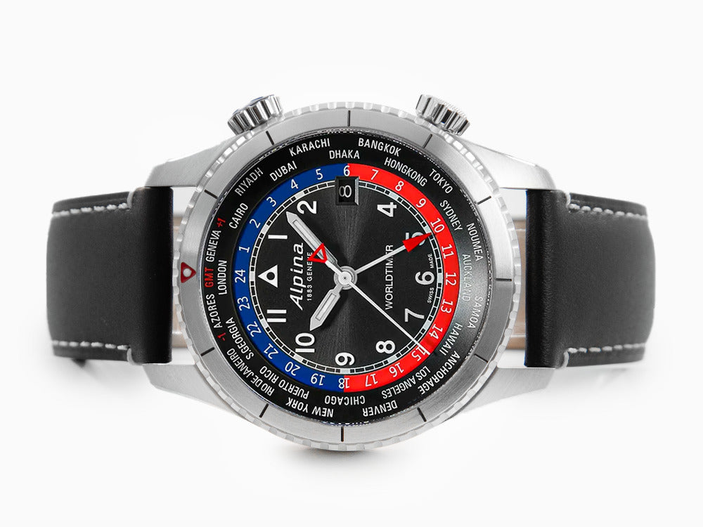 Alpina Startimer Pilot Quartz Worldtimer Uhr, 41 mm, Schwarz, AL