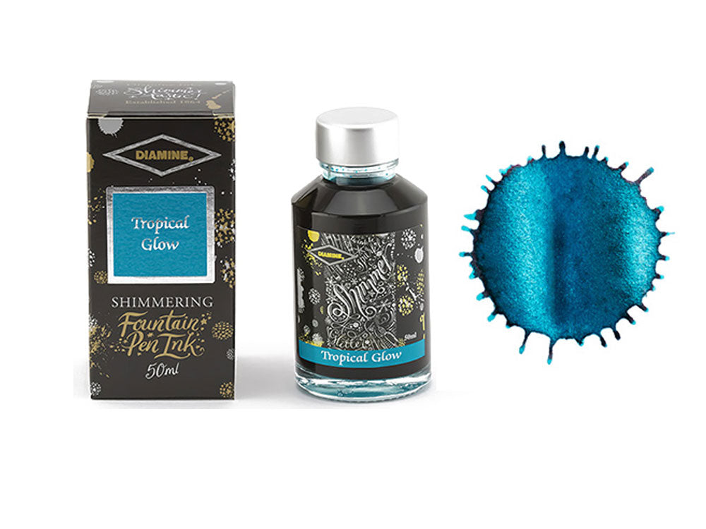 Diamine Shimmering Tropical Glow Tintenfass, 50ml, Blau, Glass