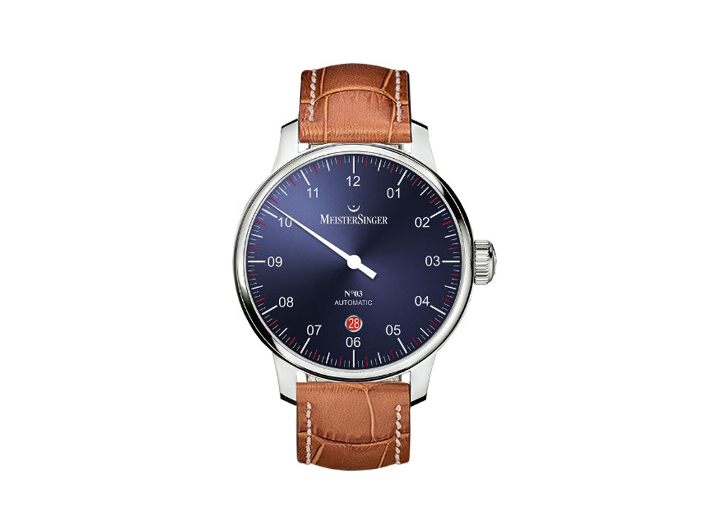 Meistersinger N3 - 40 mm Automatik Uhr, Blau, 40mm, Cognac, Tag, DM908-SG03