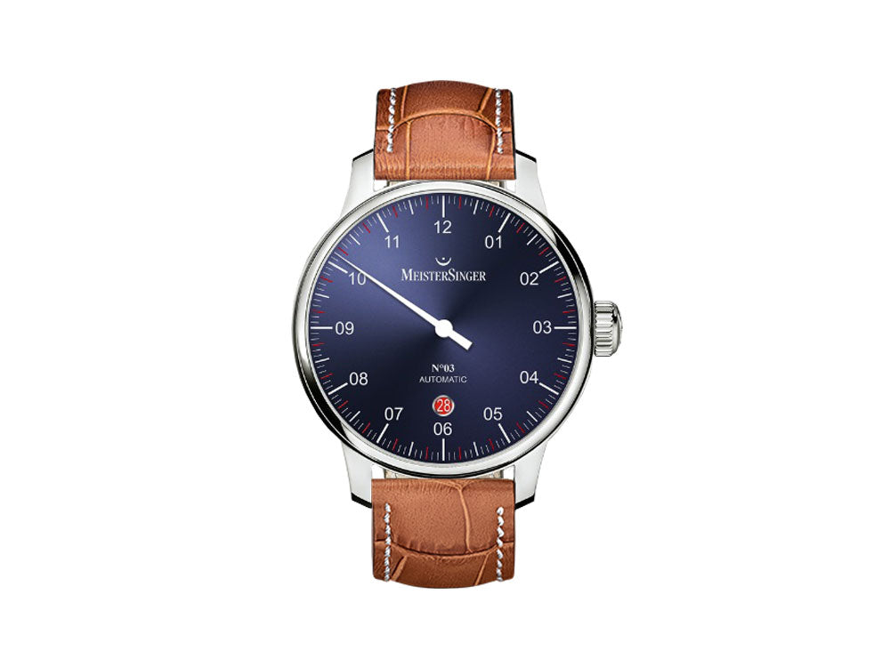 Meistersinger N3 - 40 mm Automatik Uhr, Blau, 40mm, Cognac, Tag, DM908-SG03W