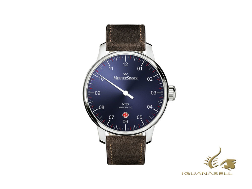 Meistersinger N3 - 40 mm Automatik Uhr, Blau, 40mm, Cognac, Tag, DM908-SV02