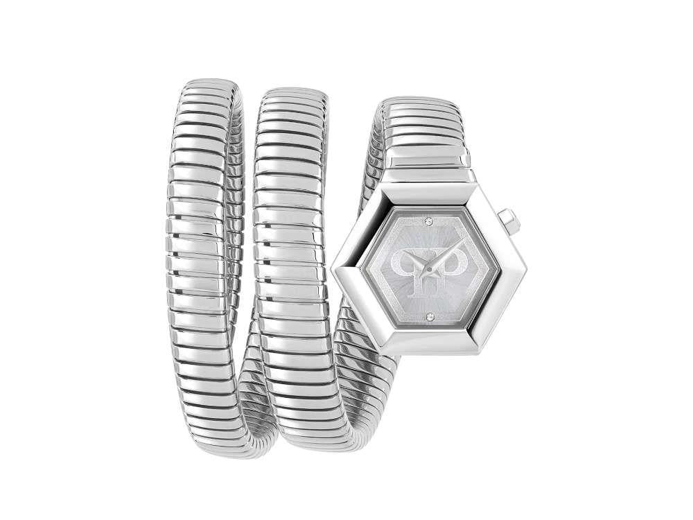 Philipp Plein Snake Hexagon Quartz Uhr, Silber, 28 mm, Mineral Glas, PWZAA0123